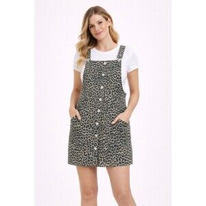 SO Leopard Print Overall Mini Dress XS Button Front Pinafore Pockets Y2K Trendy